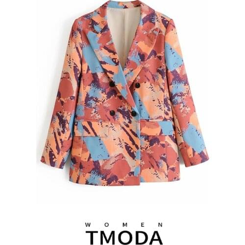 TMODA599 Women 2021 Fashion Double Breasted Print Blazer Coat Vintage Long Sleeve Pockets Female Outerwear Chic Jacket Coat Tops