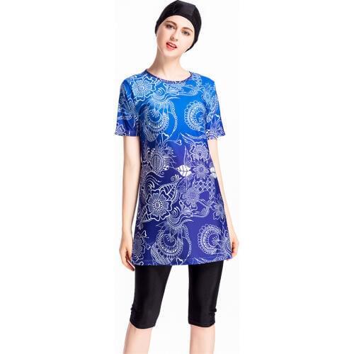 2019 Floral Islamic swimsuit Modest Muslim Swimwear Women Islam Three Piece Full Cover Short Sleeve Hijab Beachwear Plus Size
