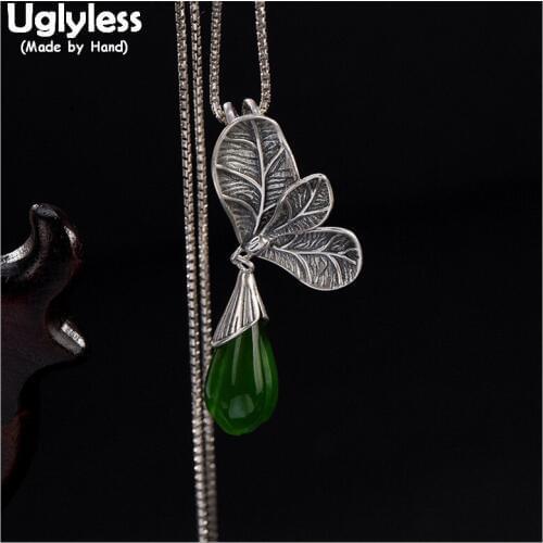 Uglyless Real Solid 925 Sterling Silver Handmade Thai Silver Leaves Pendants for Women Natural Jade Magnolia Necklaces NO Chains