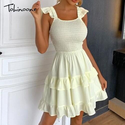 Tobinoone Ruffle Ruched Backless Sexy Dresses Women Spaghetti Strap High Waist Solid Mini Dress Summer Casual Beach Party Robe