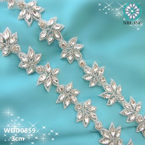 10 yards )Wholesale bridal beaded crystal rhinestone applique trim iron on for wedding dresses belt WDD0859