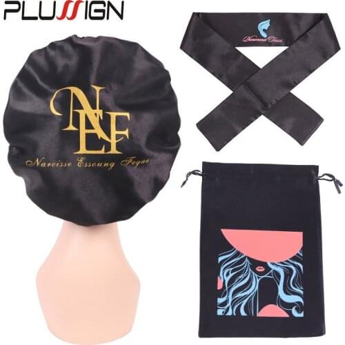 Custom Logo Satin Package For Wigs Silk Hair Bag With Drawstring Satin Bonnets Edge Headband Wig Band Satin Large Size Bonnets