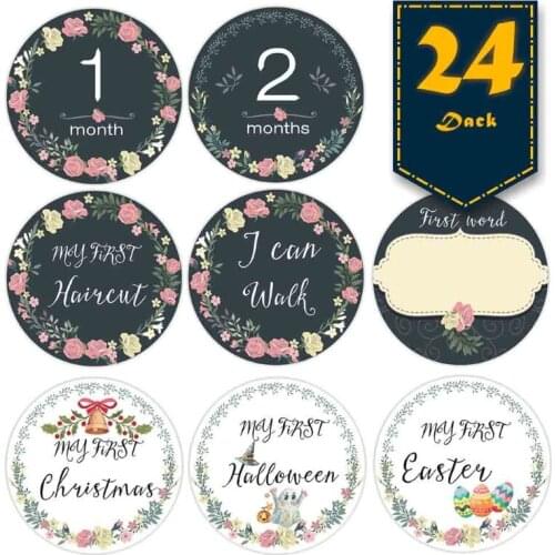 24 Sheets/Set Baby Pregnant Belly Decals Monthly Stickers Floral Print Memory Recording Milestone Sticker
