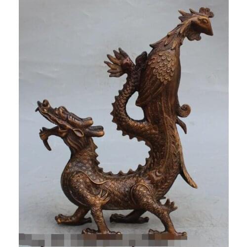 Free shipping S00092 15" Lucky Chinese Feng Shui Bronze Auspicious Dragon Phoenix Animal Sculpture