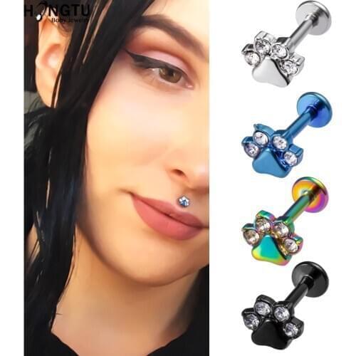HONGTU 2PC Cute Paw Zircon Labret Lip Ring Surgical Steel Ear Cartilage Helix Daith Earrings Piercing 16G Body Jewelry for Women