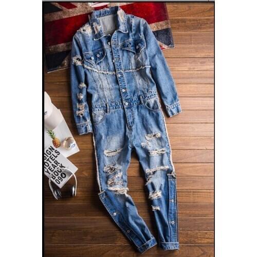 M-XXXL 2019 new European and American retro fashion denim jumpsuit male hip hop hole jeans trend casual tooling jumpsuit