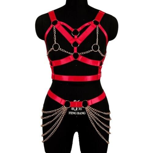 2 Piece Set Sexy PUNK Metal Chain Harness Lingerie Body Suspenders Bra Erotic Underwear Women Goth Cage Garter Club Costumes