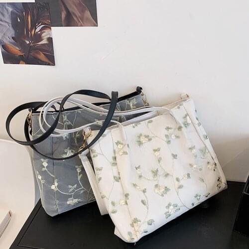 Fashion Women PU Leather Flower Lace Embroidery Shoulder Shopping Bag Casual Ladies Large Capacity Tote Handbag
