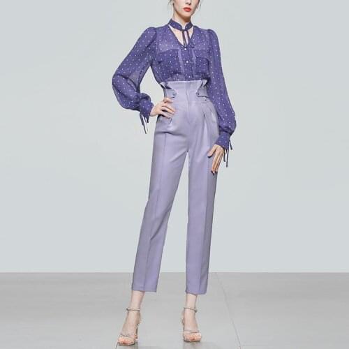 Autumn 2021 new womens fashion temperament two-piece set wave point chiffon shirt nine point pants pants suit fashion