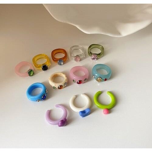 New Fashion Colorful Resin Acrylic Rhinestone Round Ring Transparent Jelly Texture Chic Ring For Women Girls Jewelry Party Gifts