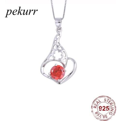 Pekurr 925 Sterling Silver Ruby Hollow Heart Shell Necklaces For Women Red Zircon Heart Pendants Wedding Fashion Jewelry Gift