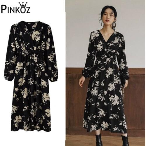 Pinkoz women midi dress flower printed black Gothic girl v-neck full sleeve autumn winter sashes Hepburn casual dresses vestidos