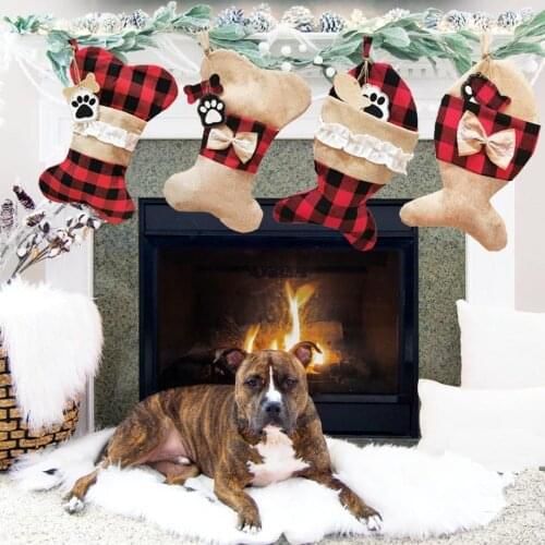 OurWarm Pet Christmas Stockings Buffalo Plaid Puppy Dog Stocking Cotton and Burlap Bone Christmas Gift Bags for Dog