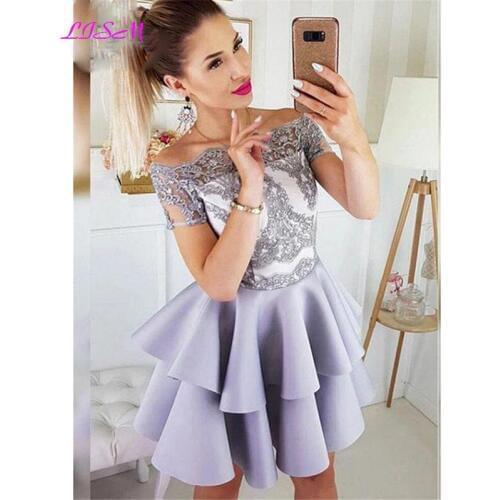 Lilac Short Lace Homecoming Dresses Plus Size Mini Formal Graduation Dress Off the Shoulder Cocktail Prom Gowns