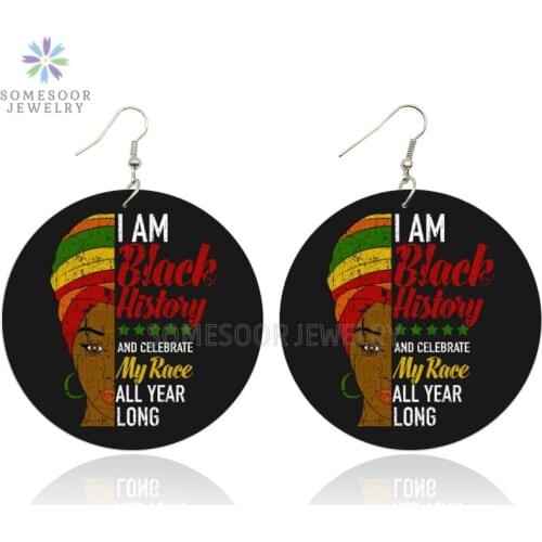 SOMESOOR Black History Race All Year Long African Wooden Drop Earrings Afro Headwrap Woman Power Saying Design Jewelry For Women