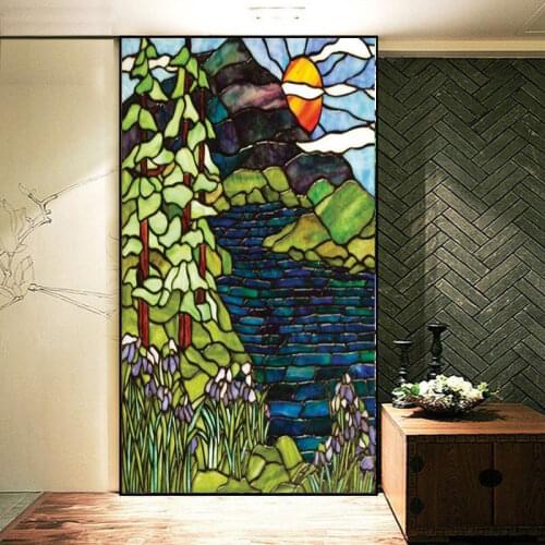 Costom Size Glass Films Frosted Privacy Window Film Stained Glass Film Tiffany Retro Mountain Hill Colorful Window Door Stickers
