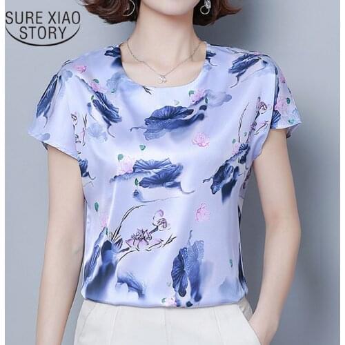 Spring Summer New Short Sleeve Round Neck Printed Silk Tops Simple Korean Loose Plus Size 4XL Blouse Women Chemisier Femme 9373