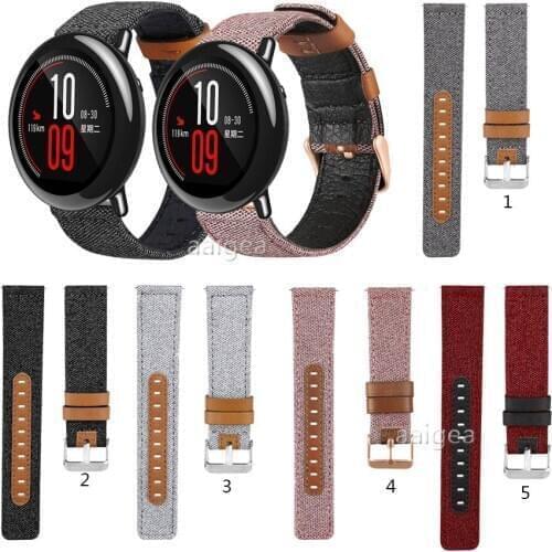 Canvas Fabric Straps Genuine Leather for Huami Amazfit PACE for Stratos 2 2S 3 GTR 47mm GTR2 Replacement band strap 20mm 22mm