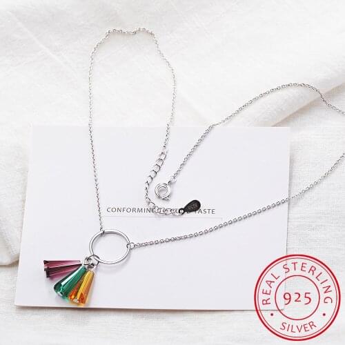 Fan-shaped Colorful Crystal Rainbow Tassel Circle Necklace 925 Sterling Silver Necklace Colar de Prata For Women S-N295