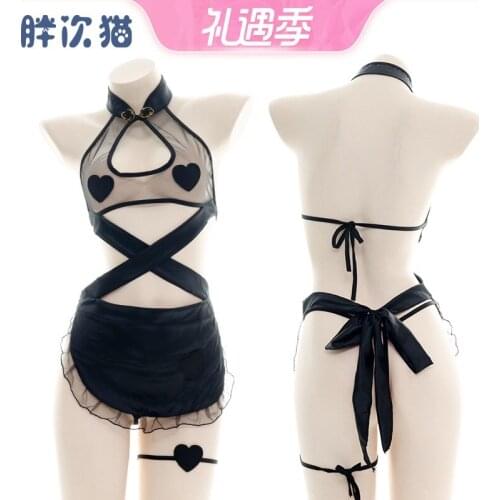 Japanese Translucent Cheongsam Apron Loving Lace Pajamas Sexy Cosplay Black Backless Jumpsuit Nightdress Sweet Maid Sleepwear