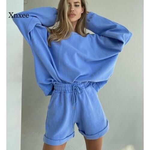 New Womens Long Sleeve Sweater Shorts Two-Piece Suit Round Neck Top Loose Shorts Suit Fashion Sports Jogging Casual Outfits