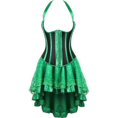 Underbust corsets for women lace victorian bustle dress stripe plus size fashion sexy corselet skirt high and low set green