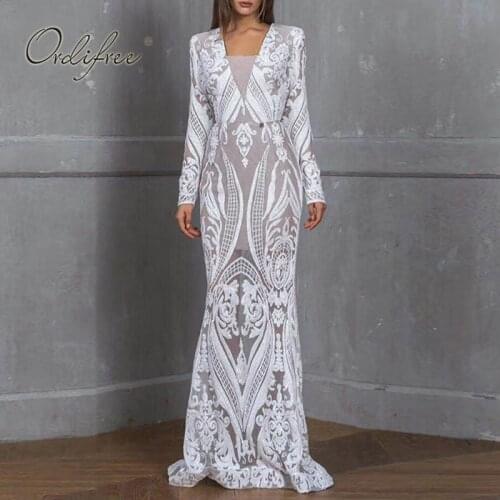 Ordifree 2021 Summer Autumn Women Long Mermaid Party Dress Long Sleeve Floor Length Embroidery Evening Maxi Dress