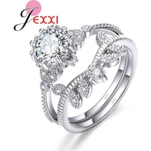 New Fashion Women Female Party Wedding Ring Set 925 Sterling Silver Geometric Ring With Clear Cubic Zircon Wholesale