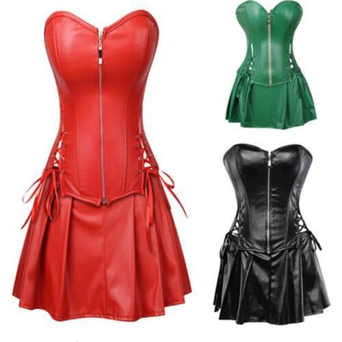 Plus Size Lingerie Zipper PU Leather Corset Bustier Dress Set Overbust Sexy Lingerie Women Lace Up Corselet Tops Skirt Thong
