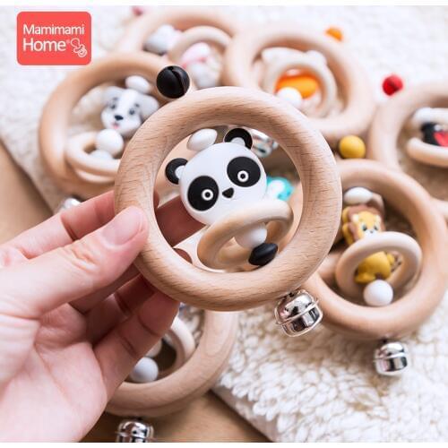 Mamihome 1pc Baby Wooden Teether Animal Rattle Bell Lion King Toys Beech Rings Food Grade Silicone Rodent Beads ChildrenS Goods