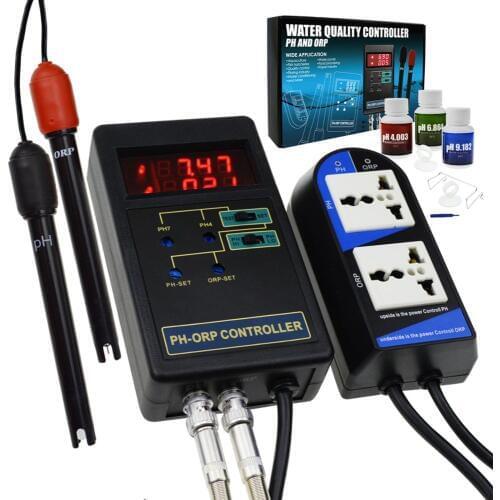 2 in 1 Digital pH & ORP Redox Controller Repleaceable Electrode BNC Type Separate Relays 14.00pH/1999mV w/ Calibration Solution