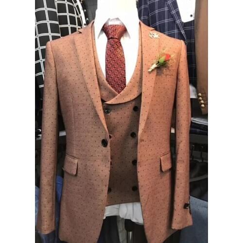 2020 Orange Dots Printed Men Suit 3 Pieces Wedding Suits for Men Formal Business Men Blazer Groom Tuxedo Jacket Vest Pants