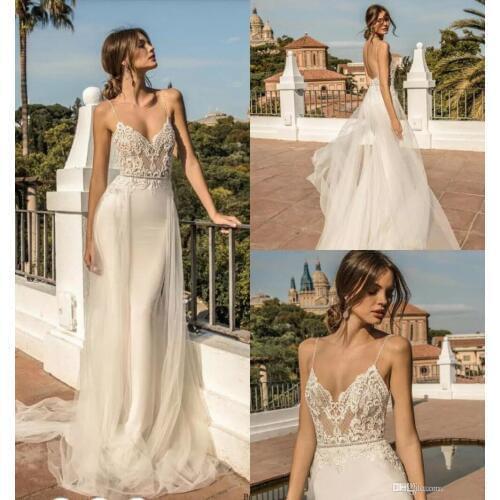 2021 Mermaid Wedding Dresses With Detachable Skirt Belt Spaghetti Appliqued Lace Wedding Dress Backless Customized Bridal Gowns