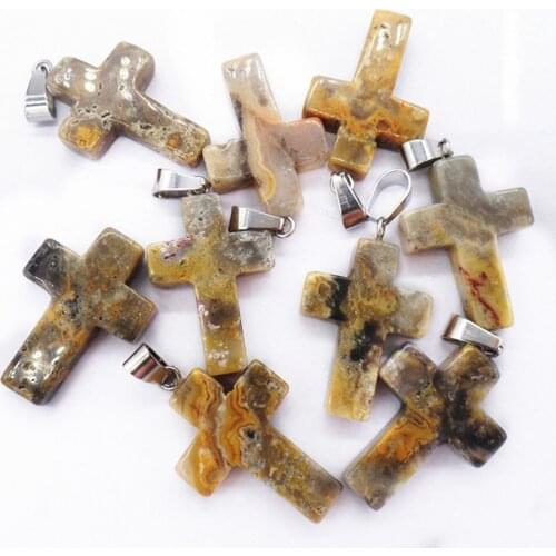 50Pcs 25x18x6mm Wholesale Natural Yellow Crazy Lace Agate Cross Pendant Bead DIY Earrings Handmade Jewelry Accessories S653