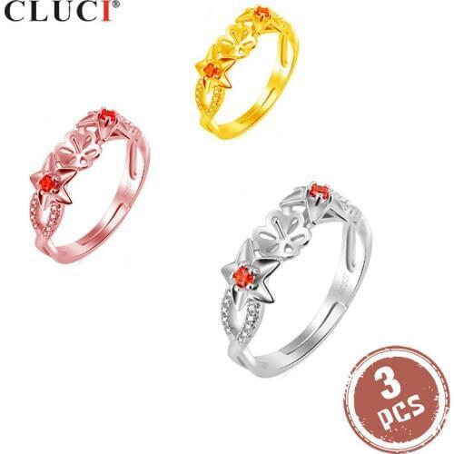 CLUCI 3pcs 925 Sterling Silver Star Rings for Women Silver 925 Pearl Ring Mounting Adjustable Zircon Star Rings SR2126SB