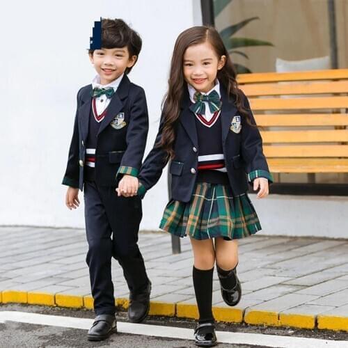 Children British School Uniform Girls Boys Blazer Coat Plaid Skirt Short Kindergarten Academic School Outfits Chorus Costumes