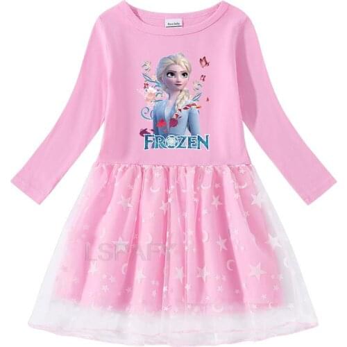 Disney Girls Lace Dress New Autumn Long-Sleeve Elsa Printed Lovely Princess Dress Toddler Kids Clothes Pink Rose