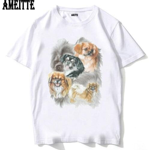 AMEITTE Retro Summer Fashion Men Short Sleeve Tibetan Spaniel Fine T-Shirt Hip Hop Boy Casual Tops Funny Dog Print White Tees