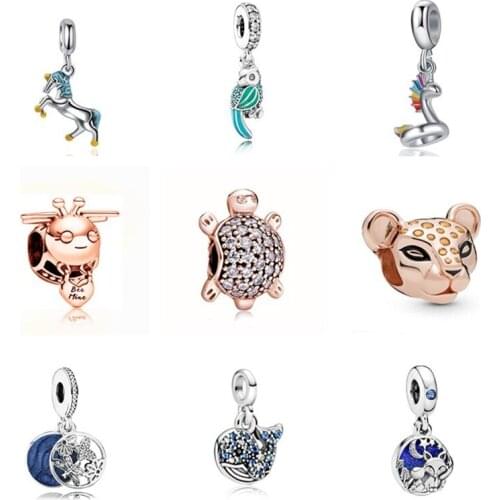KKQYUE Unicorn Bird Bee Butterfly Crystal Animal Charm Bead Fit Original Pandora Bracelet Bangle Women DIY Silver Plated Jewelry