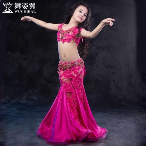 Short-Sleeve Rhinestone Beading Satin Lace Sexy Belly dance 2pcs set for little girl/children costume performance wears RT161
