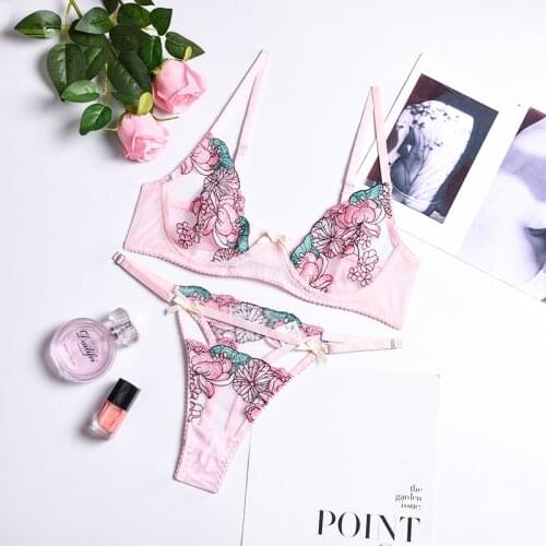 Femme Sex Lingerie Set Lace EmbroideryTransparent Bra Set Bralette Women Push Up Brassiere T Back Panties Sets Backless V Neck