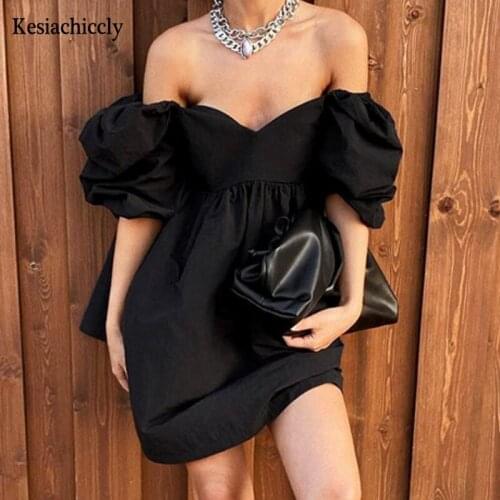 Kesiachiccly Cotton V-neck Puff Sleeve Mini Dress Fashion Blue Summer Women A-line dress 2021 Solid retro high waist Vestido