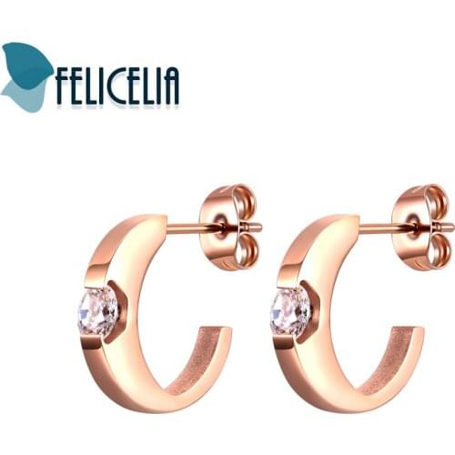 Felicelia Fashion Women Earrings Clear Cubic Zirconia Stainless Steel Rose Gold Tone Stud Earrings Trendy Jewelry