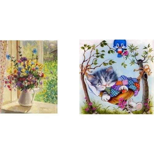 2 Set 5D Diamond Painting Cross Stitch Home Decoration, Wildflower Vase & Sleeping Cat