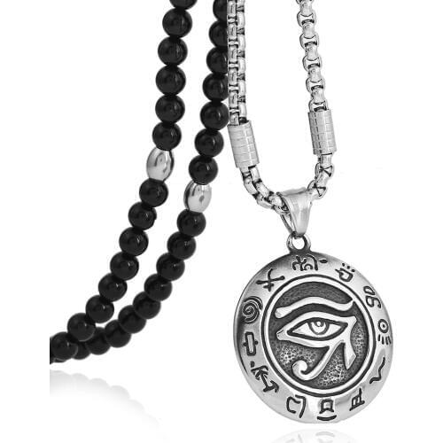 Mens Stainless Steel Eye of Horus Ancient Egypt Pendant Necklace with Black Natural Stone Chain 26" for Men Jewelry