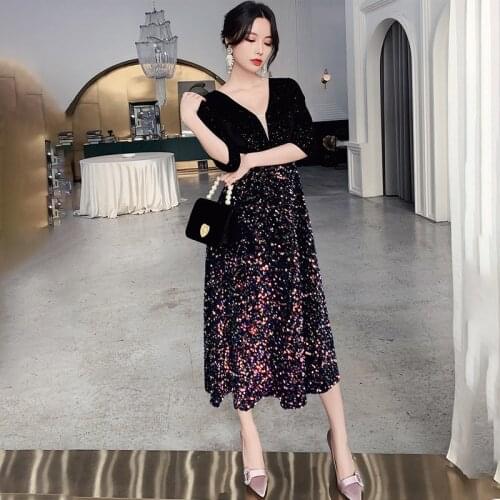 Special Occasion Dresses Vintage V-Neck Half Sequined A-Line Luxury Back Knee-Length Zipper Fashion Elegant Women Prom Gown E894
