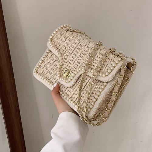 Weave Square Crossbody bag 2021 Summer New High-quality Straw Womens Designer Handbag Pearl Chain Shoulder Messenger Bag Purses
