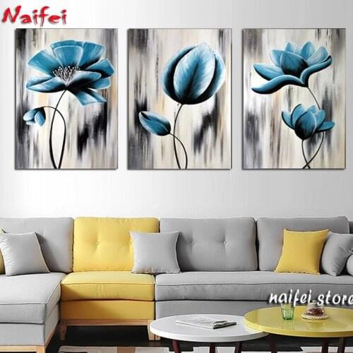 Full square Diamond Painting Cross Stitch Pattern 5D Diamond Embroidery blue flowers 3 pcs Home Decor DIY diamond Art triptych