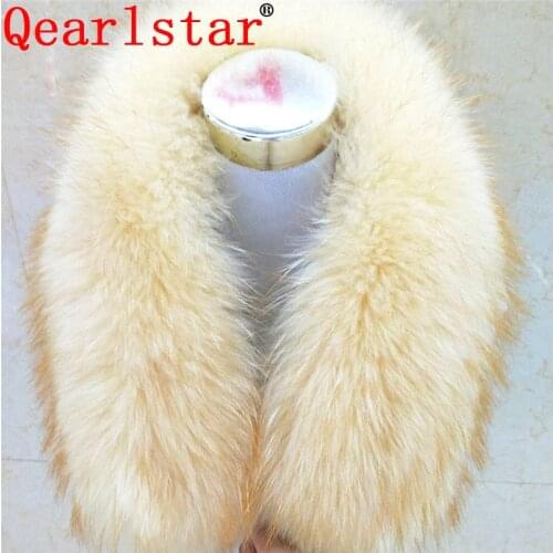 Qearlstar 2019 New Winter 100% Real Raccoon Fur Collar Women Scarfs Shawl Wraps Shrug Warmer Beige With Gold Tips 75*18cm Zxx833