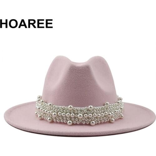 Pink Jazz Fedora Hats Wedding Women Pearl Felt Hat White Elegant Ladies Woolen Panama Trilby Formal Party Cap 58-61CM